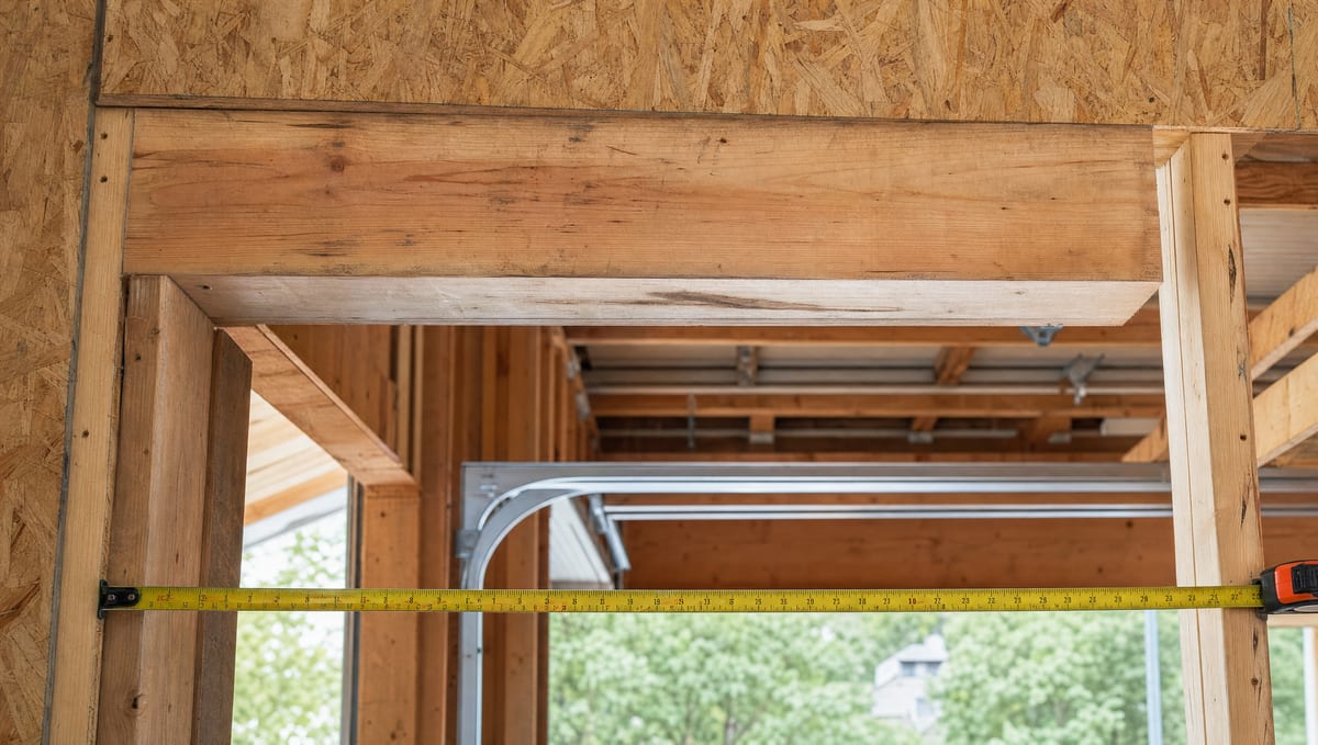 Tape measure across a garage door opening showing the header and jamb framing