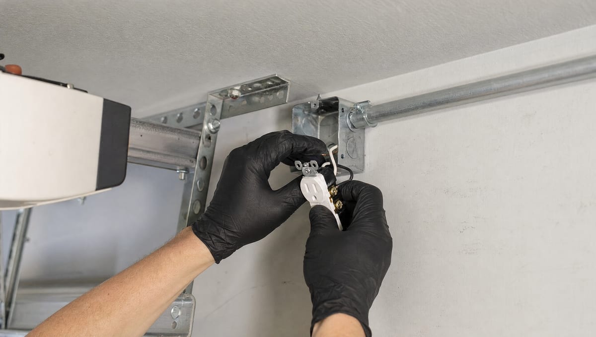 Technician wiring a dedicated outlet near a garage door opener