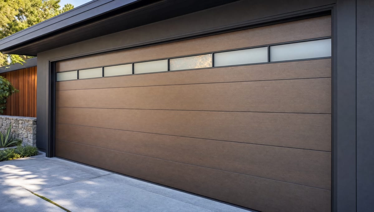 Flush-panel woodgrain steel garage door with a horizontal band of frosted clerestory windows