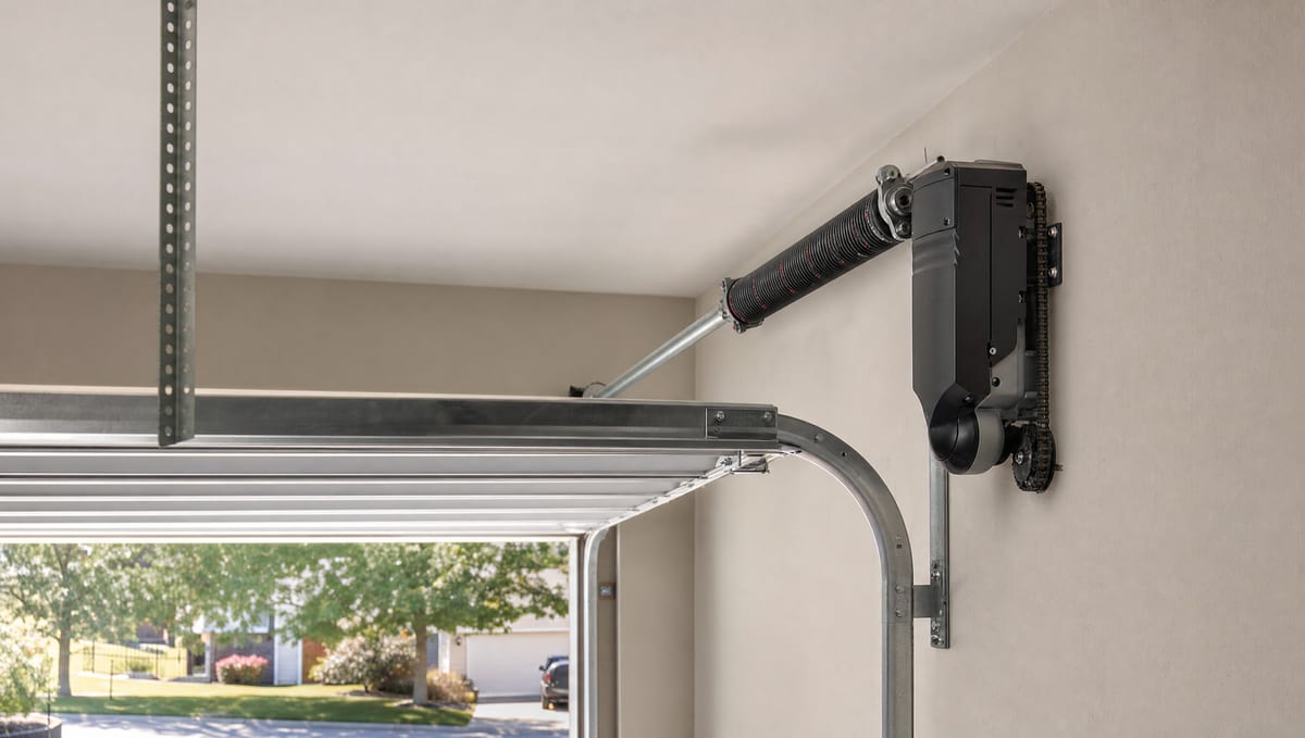 Wall-mount jackshaft garage door opener mounted beside the door, leaving the ceiling clear