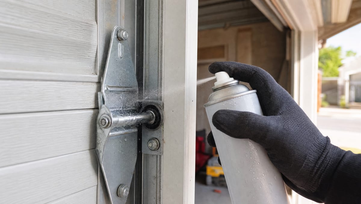 Gloved hand applying silicone spray to a garage door hinge and roller, with the track beside it