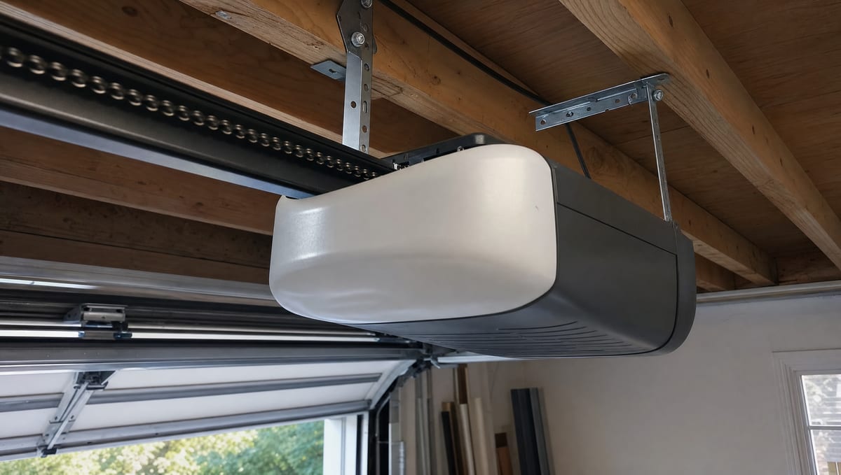 Ceiling-mounted chain-drive garage door opener bolted to overhead joists with its rail and chain