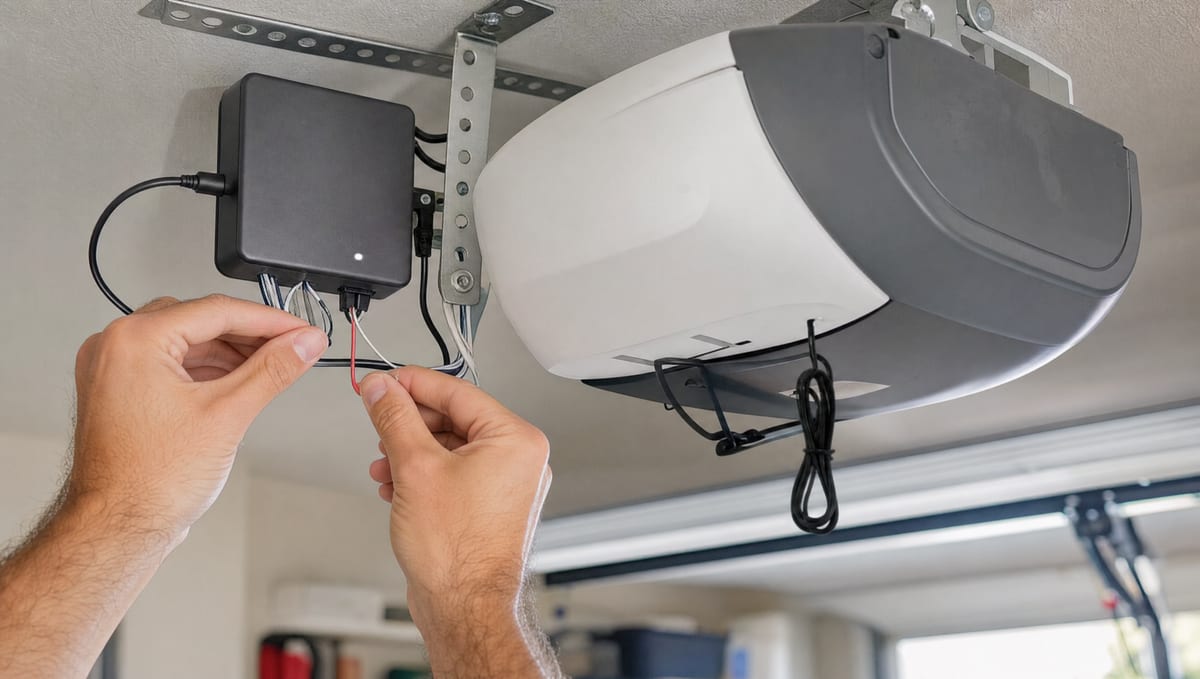 Small smart retrofit controller wired next to an existing garage door opener