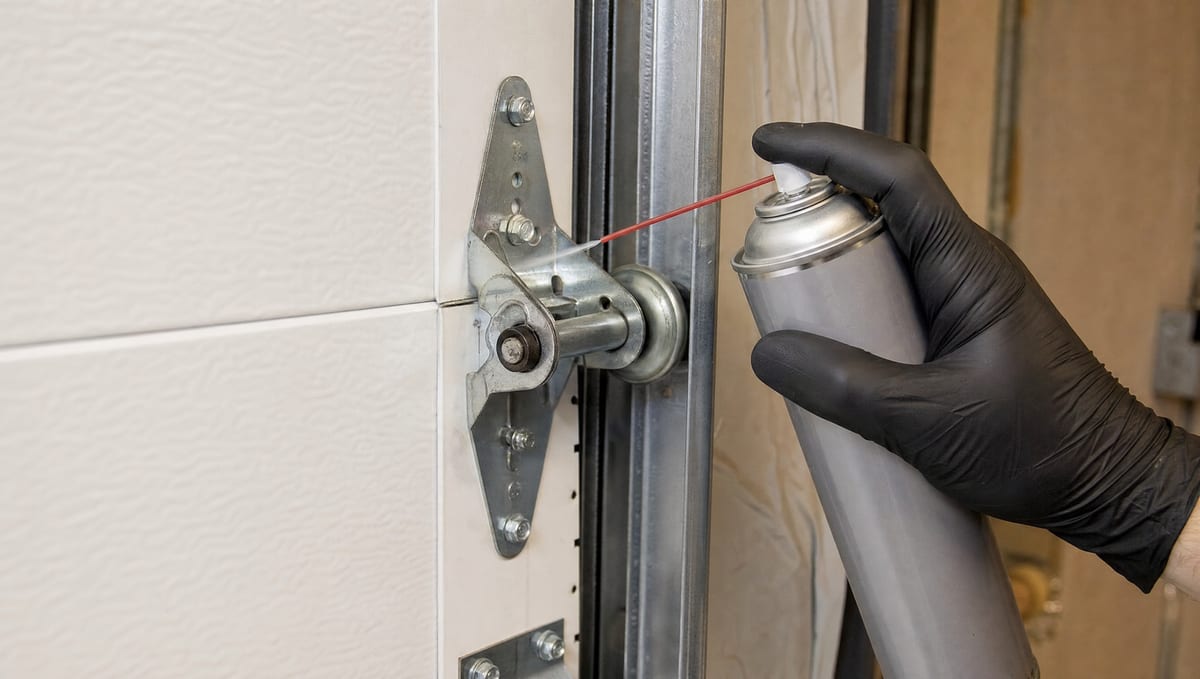 Gloved hand spraying silicone lubricant onto a garage door hinge and roller