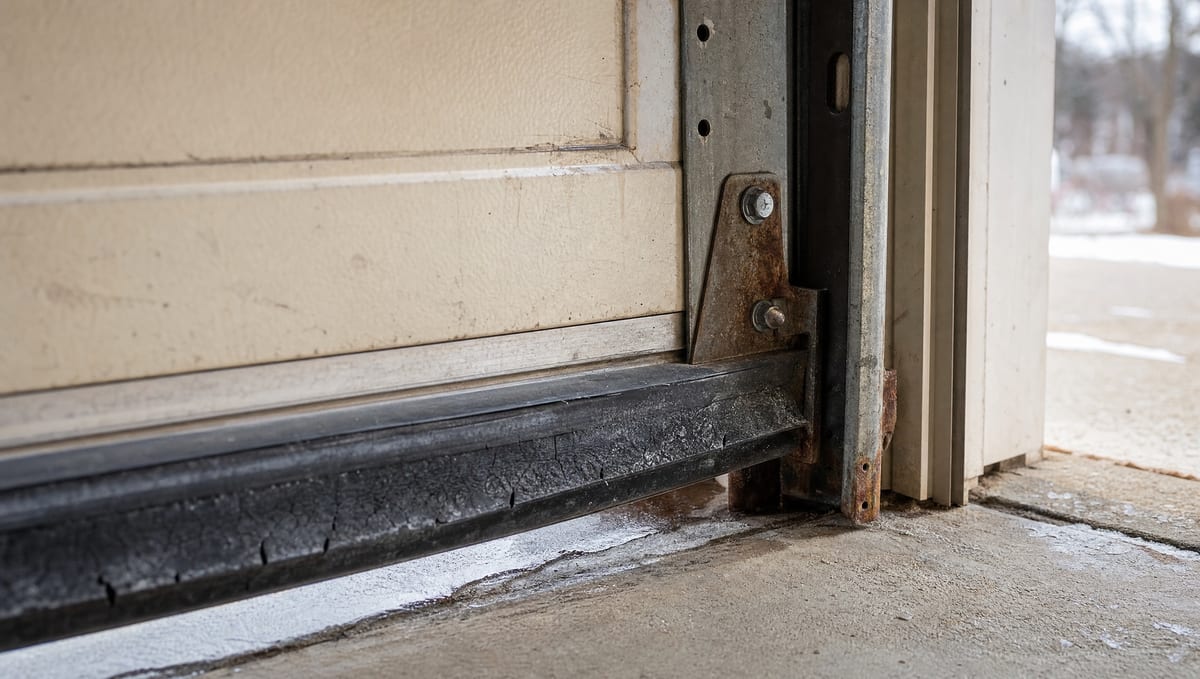 Worn and cracked bottom weather seal on a garage door with road salt and rust on the lower bracket